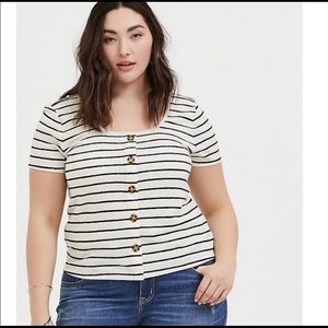 Torrid Striped Short Sleeve Midi Scoop Neck Button